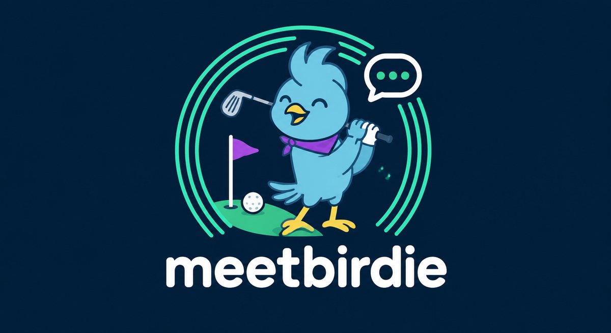 Meet Birdie logo: a blue bird swinging a golf club